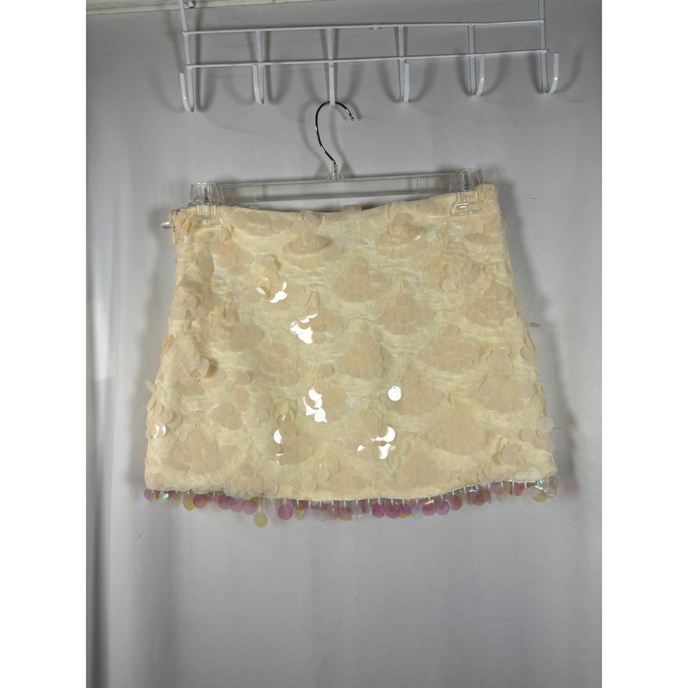 En Saison Cream Sequin Petal Mini Skirt Iridescent Fringe Hem Womens Size M